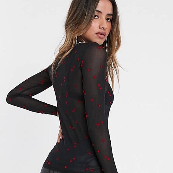 Stradivarius Long Sleeve Stretch Black Mesh Top with Heart Print Size Small - Picture 3 of 9